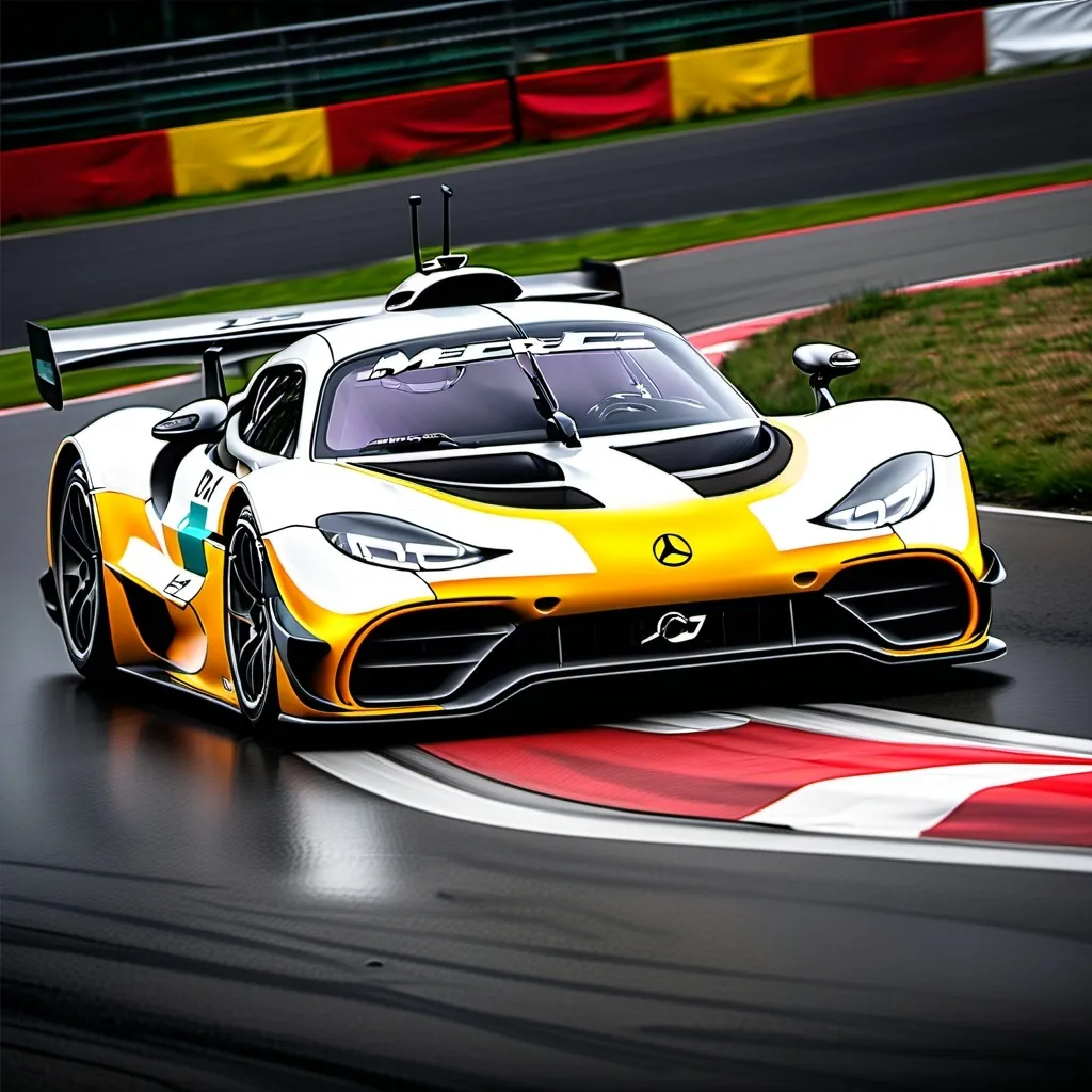 Prompt: Mercades AMG ONE
racing on the nurburg



