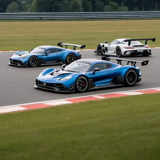 Prompt: dark blue AMG ONE winning a race on the nurburg against a GT3 RS and Adventador SVJ

