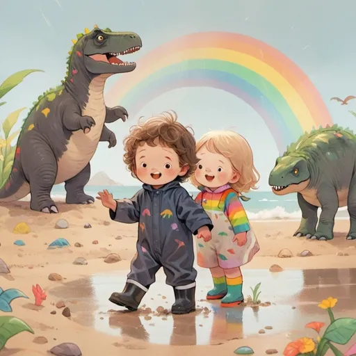 Prompt: three year old boy with dark, curly hair, dark eyes, wearing rainsuit with dinosaurs and rainbow wellies. Three year old girl with blonde, straight hair, dark eyes, wearing rainsuit with colourful flowers and rainbow wellies, playing on the beach.