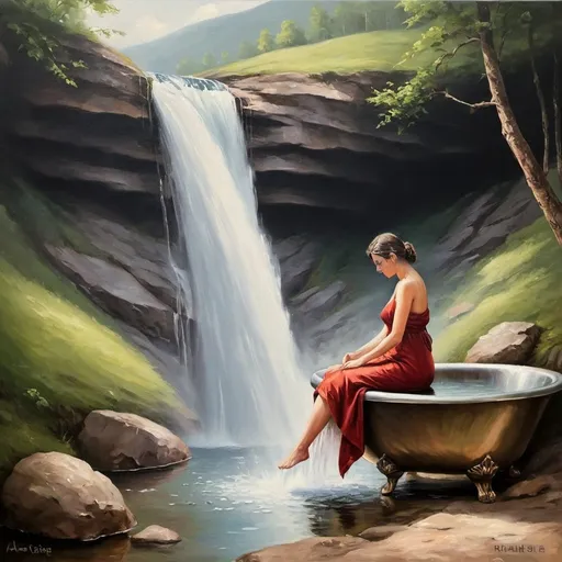Prompt: waterfall bath women oil painting

