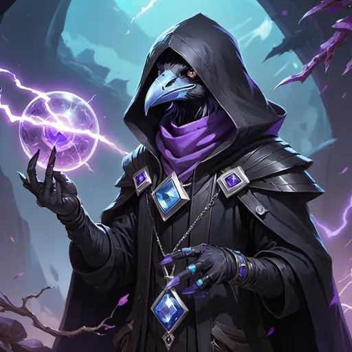 Prompt: a young friendly kenku crow in a black outfit with a silver brooch with a pale blue gem holding a purple object in his hand and a purple magical lightning in his other hand, Dr. Atl, vanitas, league of legends splash art, cyberpunk art