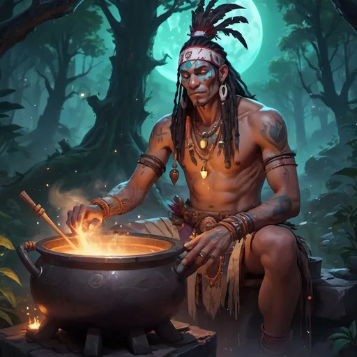 Prompt: a bare-chested shaman dressed like a Indian medicine man brews a potion in a cauldron in front of night forest, Dr. Atl, vanitas, league of legends splash art, cyberpunk art