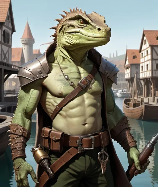 Prompt: a bare chested lizardman with scars on his chest holding a antique hand cannon in his hand standing in front of medieval harbor, with medieval hand cannons on his belt, Dr. Atl, furry art, epic fantasy character art, concept art