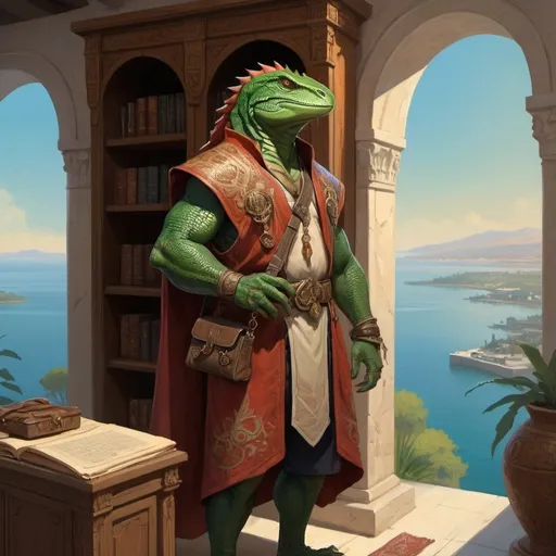 Prompt: a lizardman engineer with scrolls in his hand and shoulder bag with scrolls in armenian clothes standing in front of interior of cabinet overlooking the bay and vegetation in Byzantine style, Art of Brom, fantasy art, epic fantasy character art, concept art