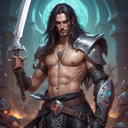 Prompt: a bare-chested man with a long hair dressed like an warrior in chain mail shirt on holding a scimitar in his hand, Dr. Atl, vanitas, league of legends splash art, cyberpunk art