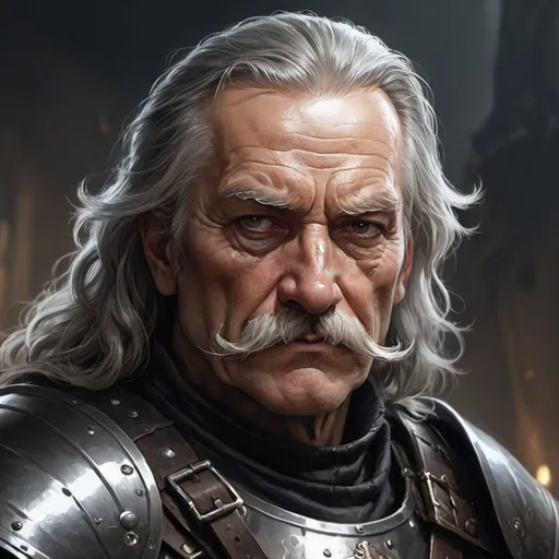 Prompt: a old man in plate armor with a tight black bandage covering his left eye and with thick hair and mustache, Aleksi Briclot, antipodeans, epic fantasy character art