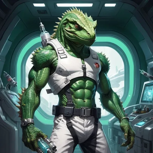 Prompt: A muscular green lizardman with a syringe-pistol in his hands dressed in a tight white medical overall with flasks on his belt stands against the interior of a futuristic spaceship, Dr. Atl, vanitas, league of legends splash art, cyberpunk art