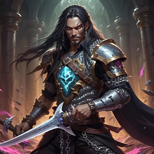 Prompt: a man with a long hair dressed like an warrior in chain mail shirt on holding a scimitar in his hand, Dr. Atl, vanitas, league of legends splash art, cyberpunk art