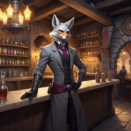 Prompt: A slender humanoid grey fox dressed as a innkeeper stands behind the tavern counter in front of interior of a fantasy stone tavern, male, Dr. Atl, vanitas, league of legends splash art, cyberpunk art