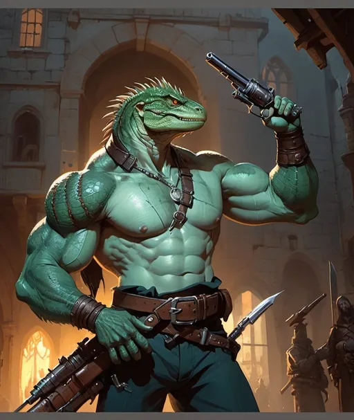 Prompt: a bare chested lizardman with scars on his chest holding a antique hand cannon in his hand, with antique pistols on his belt, standing in front of medieval buildings, Aleksi Briclot, furry art, epic fantasy character art, concept art