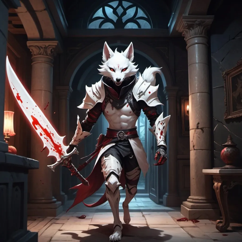 Prompt: A slender humanoid white kitsune in the stylish armor of a thief with bloody dagger in his hand runs in front of interior of a stone mansion in the midnight, Dr. Atl, vanitas, league of legends splash art, cyberpunk art