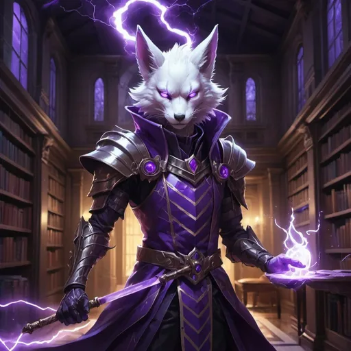 Prompt: A slender humanoid kitsune in the stylish armor of a sorcerer with a metal rod in his hands creates a funnel of magical purple lightning in front of interior of a stone mansion with a library in the midnight, Dr. Atl, vanitas, league of legends splash art, cyberpunk art