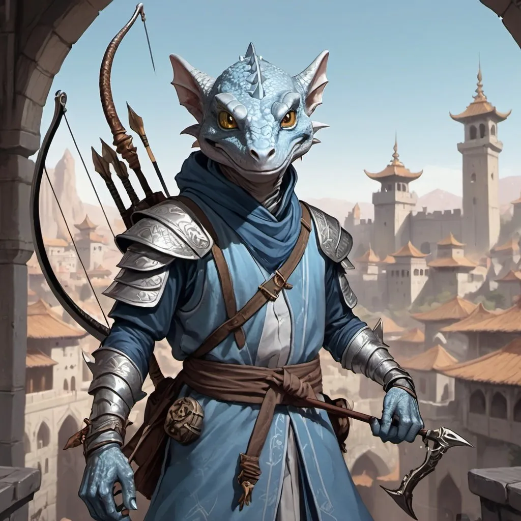 Prompt: a silver lizard-kobold archer from Dungeons and Dragons with a horned head and a bow in his hand wearing pale indigo arabic clothes, holding a bow at the ready in his hand, standing in front of a medieval oriental fantasy city background, Dr. Atl, vanitas, league of legends splash art, cyberpunk art