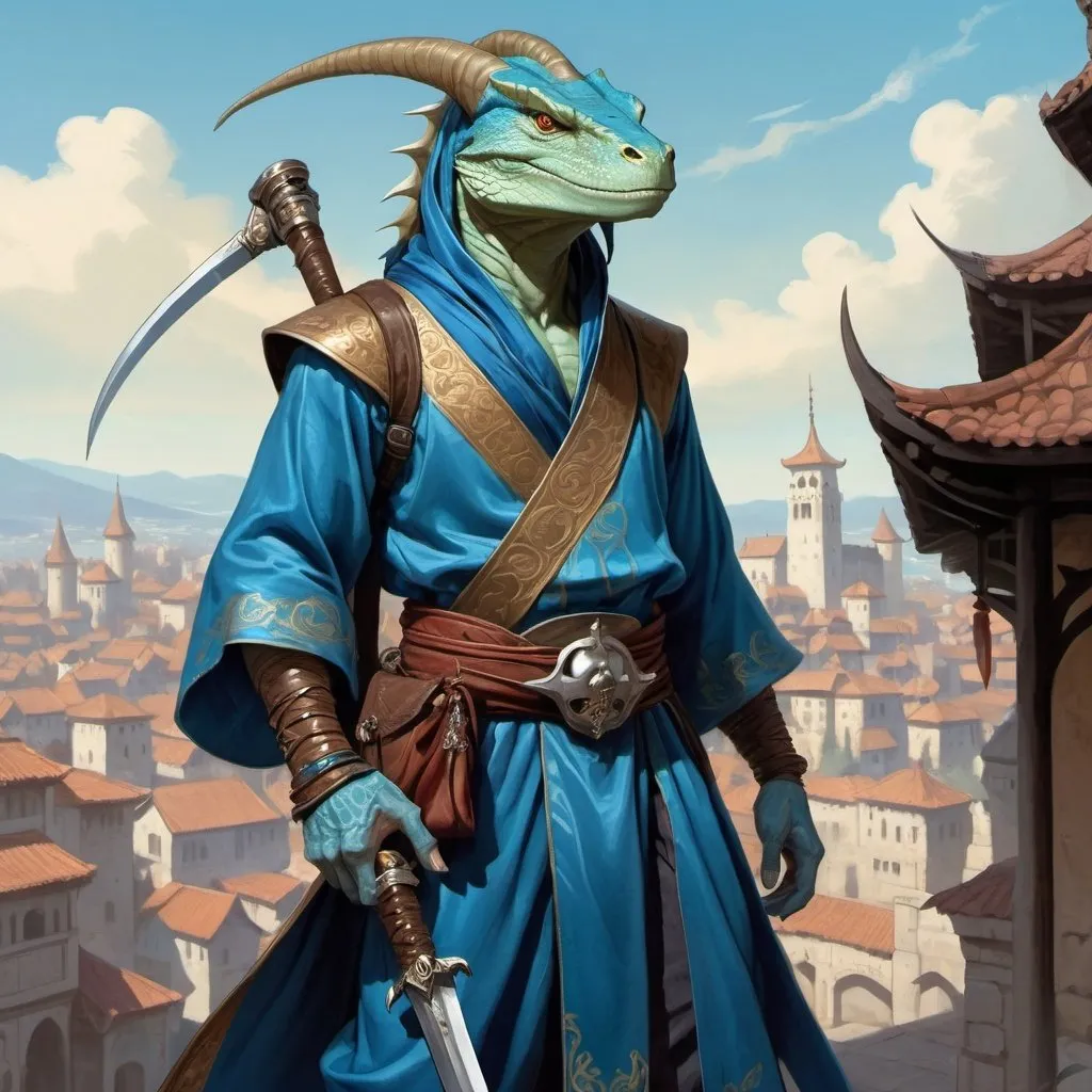 Prompt: a blue bare-chested lizardman wizard  without outerwear and sword and a bag on his shoulder and a scimitar in his hands in oriental attire in satin scarves around the neck with long ears and horns, standing in front of a medieval european fantasy city background, Art of Brom, fantasy art, epic fantasy character art