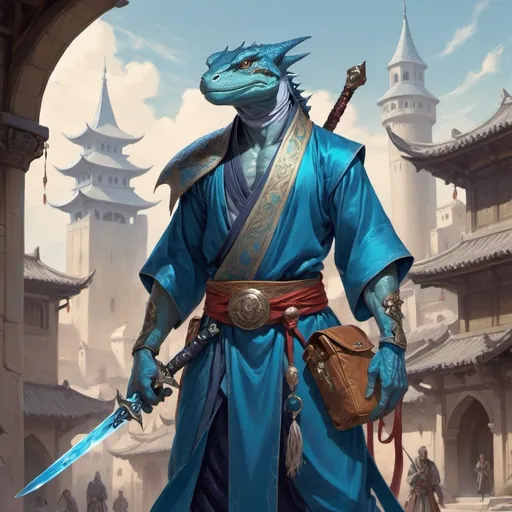 Prompt: a blue lizardman wizard with a bare chest and sword and a bag on his shoulder and a 
yataghan in his hands in oriental attire in satin scarves around the neck with long ears, he is surrounded by a magical aura, standing in front of a medieval fantasy city background, Art of Brom, fantasy art, epic fantasy character art