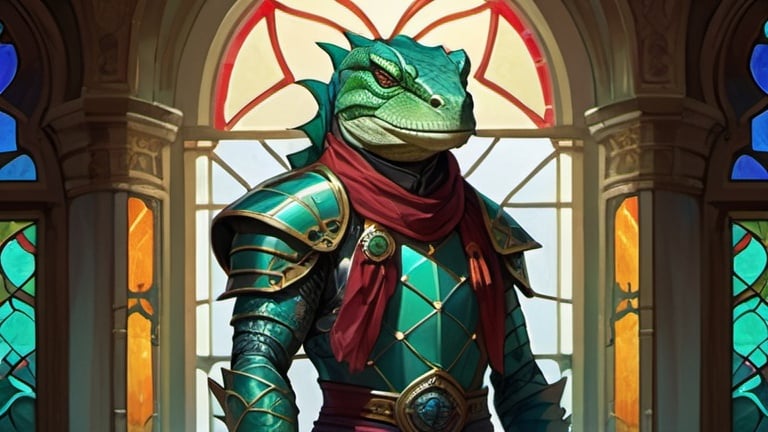 Prompt: A sea green lizardman aristocrat dressed in oriental metal armor and a silk scarf on his shoulders standing in front of a Byzantine temple interior with colored stained glass windows and curtains nd pools, Art of Brom, fantasy art, epic fantasy character art, concept art