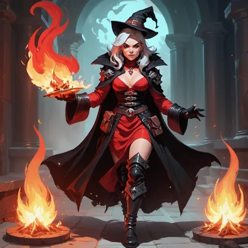 Prompt: a dwarf woman witch from Dungeons and Dragons in a red and black dress and a black coat and boots causes a flame, Dr. Atl, vanitas, league of legends splash art, cyberpunk art
