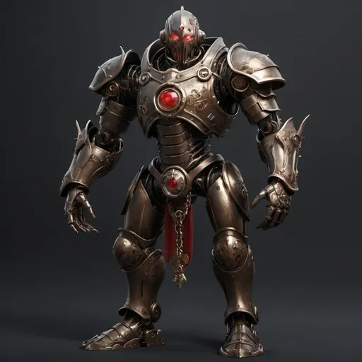 Prompt: a warforged or a robot with cords resembling tree roots reinforced with alchemical fluids serve as muscles that are contained within a bronze frame, the bronze frame resembles the armor of a knight, warforged have beautiful face without a mouth with a hinged jaw and crystalline eyes built under the brow ridges and there is a red spot or mark on the robot's forehead, full-length, neutral dark background, Cedric Seaut (Keos Masons), steampunk