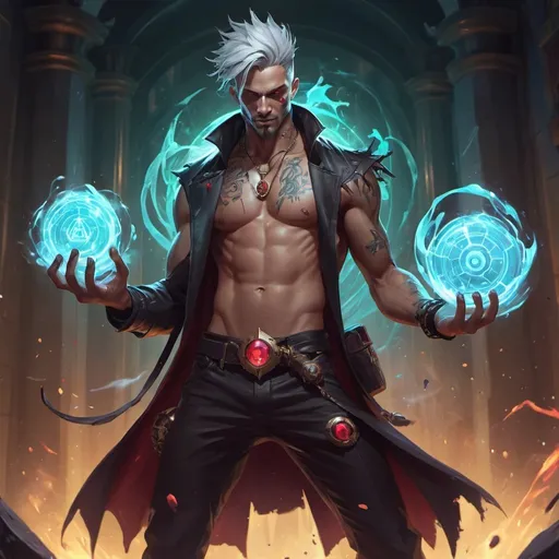 Prompt: a bare-chested man dressed like a savage draws a magic seal, Dr. Atl, vanitas, league of legends splash art, cyberpunk art