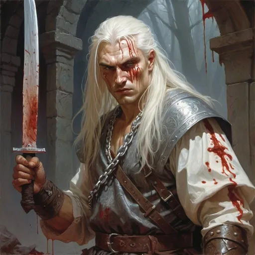 Prompt: a man dressed like an slavic warrior with a saber and a long white hair and chain mail shirt on from Transylvania holding a knife in his hand and a bloody face, Donato Giancola, fantasy art, epic fantasy character art, concept art
