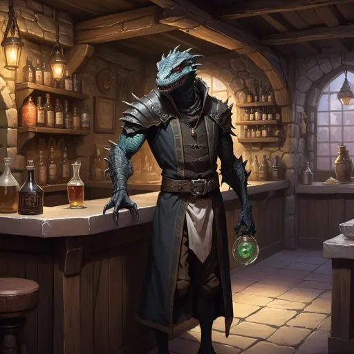 Prompt: A slender humanoid black lizardman dressed as a medieval innkeeper stands behind the tavern counter in front of interior of a fantasy stone tavern, male, Dr. Atl, vanitas, league of legends splash art, cyberpunk art