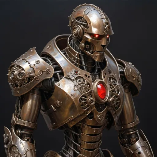 Prompt: a warforged or a robot with cords resembling tree roots reinforced with alchemical fluids serve as muscles that are contained within a bronze frame, the bronze frame resembles the armor of a knight, warforged have beautiful face without a mouth with a hinged jaw and crystalline eyes built under the brow ridges and there is a red spot or mark on the robot's forehead, full-length, neutral dark background, Donato Giancola, altermodern, steampunk