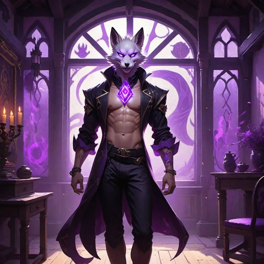 Prompt: male kitsune in a bare-chested revealing black outfit in front of the interior of an medieval aristocrat's house creates rays of purple energy, Dr. Atl, vanitas, league of legends splash art, cyberpunk art