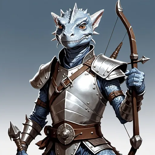 Prompt: a silver lizard-kobold from Dungeons and Dragons with a horned head and a bow in his hand wearing light, pale indigo leather oriental armor with metal plates, holding a bow at the ready in his hand, Adam Rex, sots art, epic fantasy character art, a character portrait