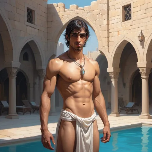 Prompt: a arabian bare-chested young man-priest with a light loincloth in front of stone hall with swimming pool, Art of Brom, fantasy art, epic fantasy character art, concept art