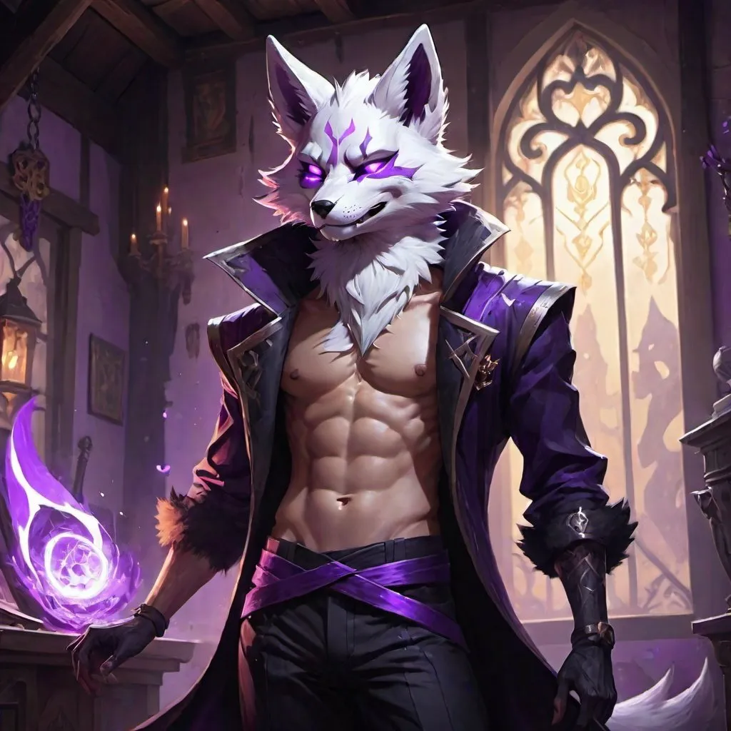 Prompt: male kitsune with furry body like a furry in a bare-chested revealing black outfit in front of the interior of an medieval aristocrat's house creates rays of purple energy, Dr. Atl, vanitas, league of legends splash art, cyberpunk art