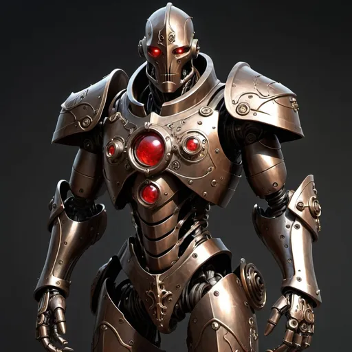 Prompt: a warforged or a robot with cords resembling tree roots reinforced with alchemical fluids serve as muscles that are contained within a bronze frame, the bronze frame resembles the armor of a knight, warforged have beautiful face without a mouth with a hinged jaw and crystalline eyes built under the brow ridges and there is a red spot or mark on the robot's forehead, full-length, neutral dark background, Clint Cearley, altermodern, steampunk