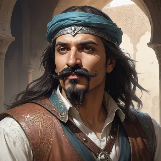 Prompt: a arabian man with a mustache, he is a bard from Dungeons and Dragons, Aleksi Briclot, antipodeans, epic fantasy character art