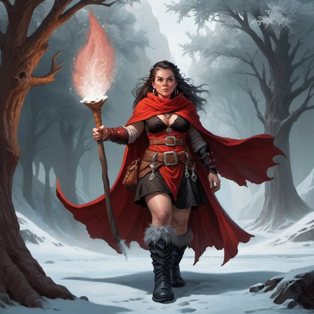 Prompt: a dwarf woman witch from Dungeons and Dragons in a red and black mantle and boots causes a frost vortex, Chris Rahn, fantasy art, epic fantasy character art, a character portrait