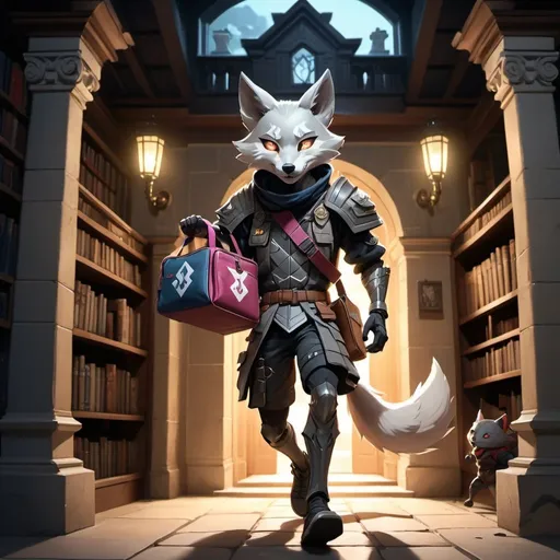 Prompt: A slender humanoid grey kitsune in the stylish armor of a scout holding a bag with letters in his hands runs in front of interior of a stone mansion with a library in the midnight, Dr. Atl, vanitas, league of legends splash art, cyberpunk art