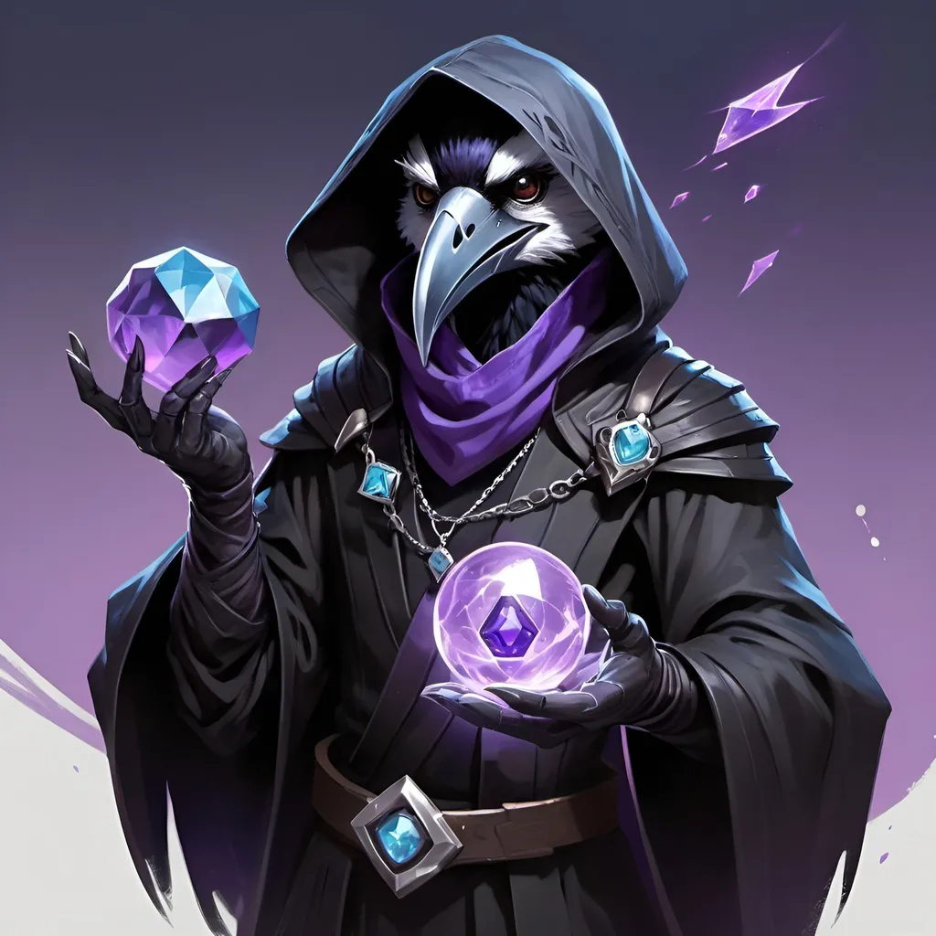 Prompt: a young kenku crow in a black outfit with a silver brooch with a pale blue gem holding a purple object in his hand and a purple magical energy in his other hand, Dr. Atl, vanitas, league of legends splash art, cyberpunk art