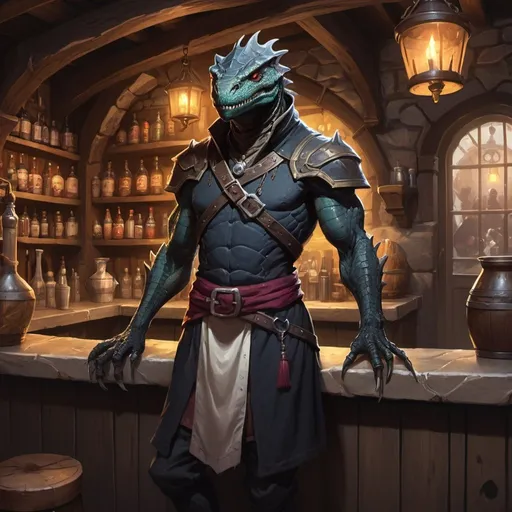 Prompt: A slender humanoid black lizardman dressed as a medieval innkeeper stands behind the tavern counter in front of interior of a fantasy stone tavern, male, Dr. Atl, vanitas, league of legends splash art, cyberpunk art