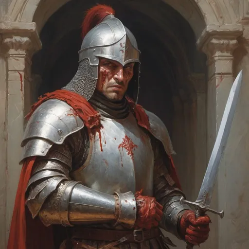 Prompt: a man dressed like an Eastern European knight with a sword and a helmet on from Transylvania holding a knife in his hand and a bloody face, Donato Giancola, fantasy art, epic fantasy character art, concept art
