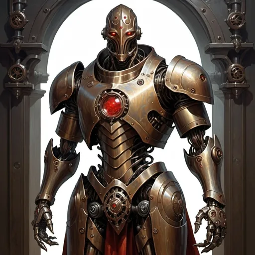 Prompt: a warforged or a robot with cords resembling tree roots reinforced with alchemical fluids serve as muscles that are contained within a bronze frame, the bronze frame resembles the armor of a knight, warforged have beautiful face without a mouth with a hinged jaw and crystalline eyes built under the brow ridges and there is a red spot or mark on the robot's forehead, full-length, neutral dark background, Donato Giancola, altermodern, steampunk