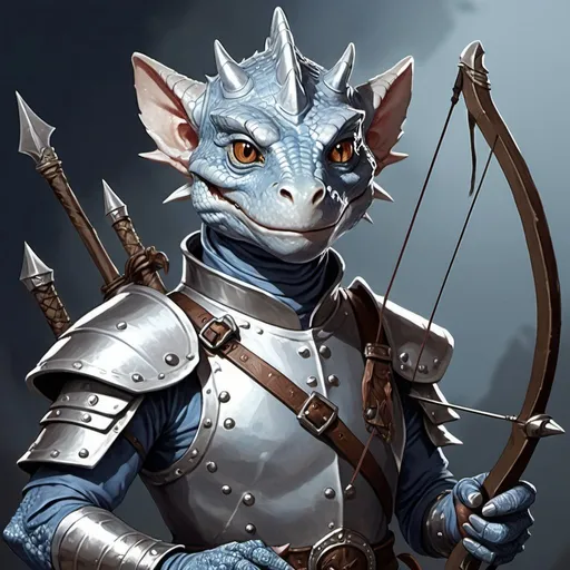 Prompt: a silver lizard-kobold from Dungeons and Dragons with a horned head and a bow in his hand wearing light, pale indigo leather oriental armor with metal plates, holding a bow at the ready in his hand, Adam Rex, sots art, epic fantasy character art, a character portrait