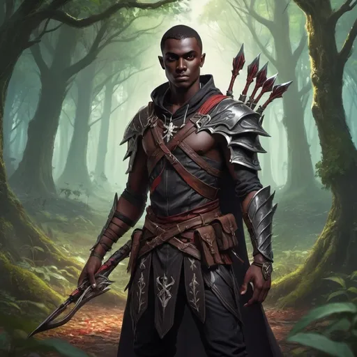 Prompt: a young dark man in a high quality assassin's clothes holding a two battle sickles in his hands and with and a one-handed crossbow on his back in the pose of Valeera Sanguinar in front of fairy forest, Dr. Atl, fantasy art, epic fantasy character art, concept art