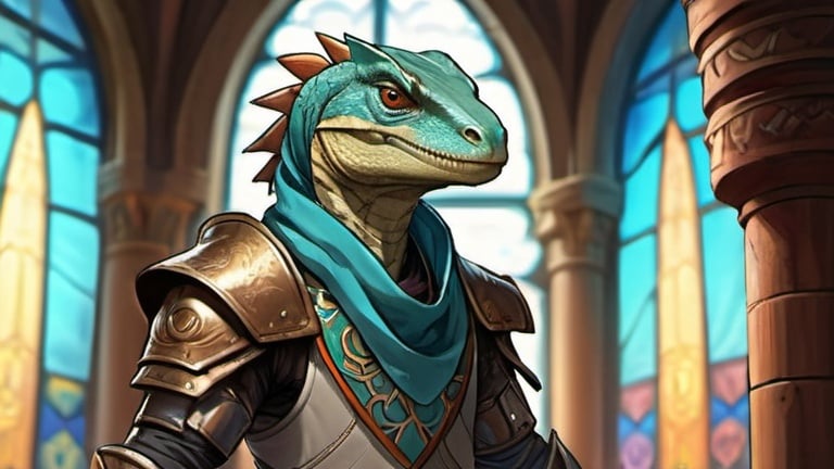 Prompt: A lizardfolk paladin with a khopesh in his right hand, 
full length, slim athletic build, his muzzle looks like a velociraptor, he smiles reservedly, his scales are pale blue, he mysteriously looks somewhere into the distance. He is dressed in oriental style metal heavy armor, he is wearing a silk scarf that flutters in the wind. Behind his back is a turquoise cloak. He stands against the background of a fantasy temple interior, colored stained glass windows from which daylight falls, curtains hanging down to the floor. Highly detailed.