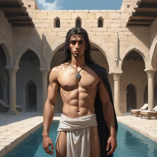 Prompt: a arabian bare-chested young man-priest with a short loincloth in front of stone hall with swimming pool, Art of Brom, fantasy art, epic fantasy character art, concept art