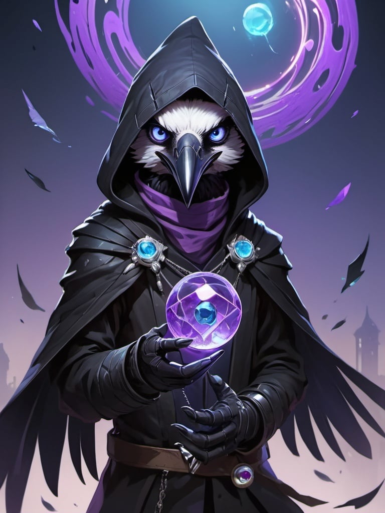 Prompt: a young friendly kenku-crow, upper part of the muzzle is white, blue eyes, in a black outfit with a silver brooch with a pale blue gem holding a purple object in his hand and a purple magical vortex in his other hand, midnight, Dr. Atl, vanitas, league of legends splash art, cyberpunk art