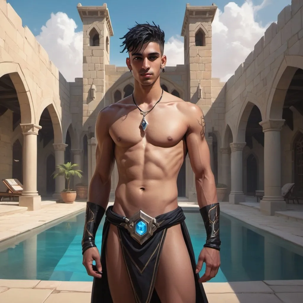 Prompt: a arabian bare-chested young man-priest with a short loincloth in front of stone hall with swimming pool, Dr. Atl, vanitas, league of legends splash art, cyberpunk art