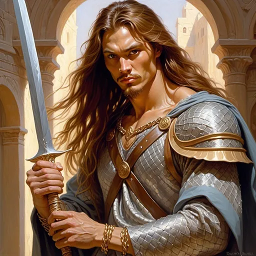 Prompt: a man a long hair with a long hair dressed like an slavic warrior in chain mail shirt on holding a scimitar in his hand, Donato Giancola, fantasy art, epic fantasy character art, concept art