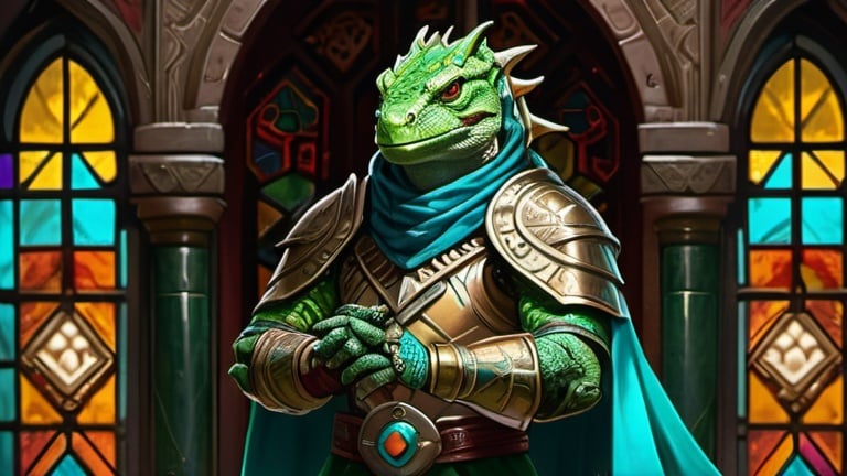 Prompt: A green lizardman paladin with mace in his hand dressed in oriental style metal heavy armor and a silk scarf and turquoise cloak, standing against the background of a fantasy Aztec temple interior with colored stained glass windows and curtains, Art of Brom, fantasy art, epic fantasy character art, concept art