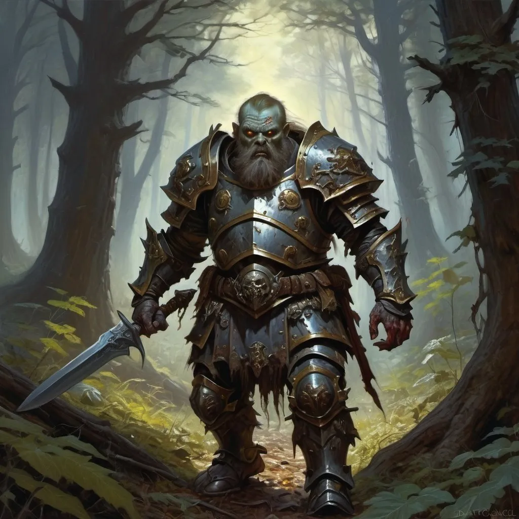 Prompt: zombie dwarf-warrior in heavy armor wanders through the dark forest, Donato Giancola, fantasy art, epic fantasy character art, concept art