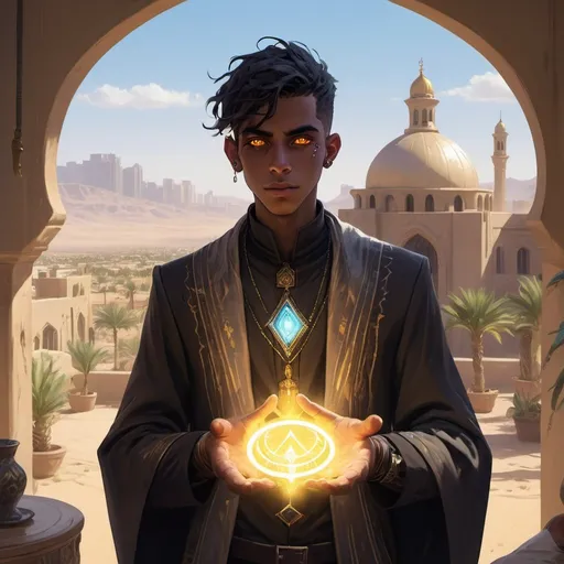 Prompt: a young man-priest dressed as a Bedouin with glowing eyes with rays of light in his hands in front of richly furnished apartments of an aristocrat with large windows and views of the city in the desert with gardens during the day, Dr. Atl, vanitas, league of legends splash art, cyberpunk art