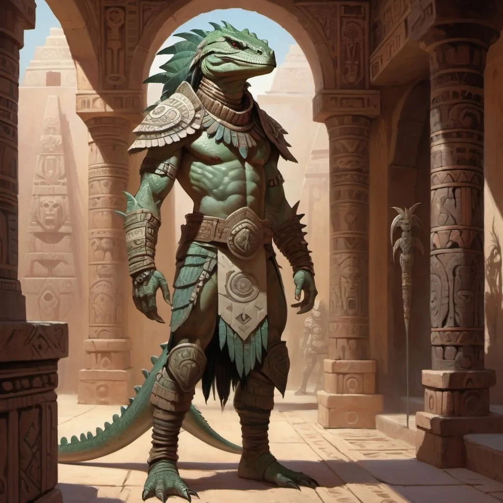 Prompt: a pale lizardman warrior in Aztec armor, standing in front of a Aztec interior, Art of Brom, fantasy art, epic fantasy character art, concept art