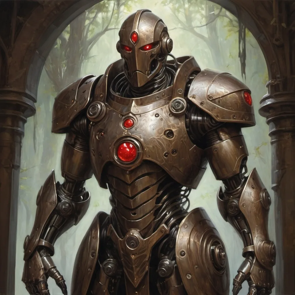 Prompt: a warforged or a robot with cords resembling tree roots reinforced with alchemical fluids serve as muscles that are contained within a bronze frame, the bronze frame resembles the armor of a knight, warforged have beautiful face without a mouth with a hinged jaw and crystalline eyes built under the brow ridges and there is a red spot or mark on the robot's forehead, full-length, neutral dark background, Donato Giancola, altermodern, steampunk